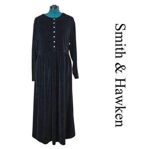 Smith & Hawken Vintage Velvet Maxi Dress Womens L Long Sleeve Button Pockets